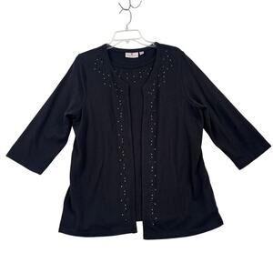 Quacker Factory Duet Knit Top Size L Black Eyelet Rhinestone 3/4 Sleeve Cotton